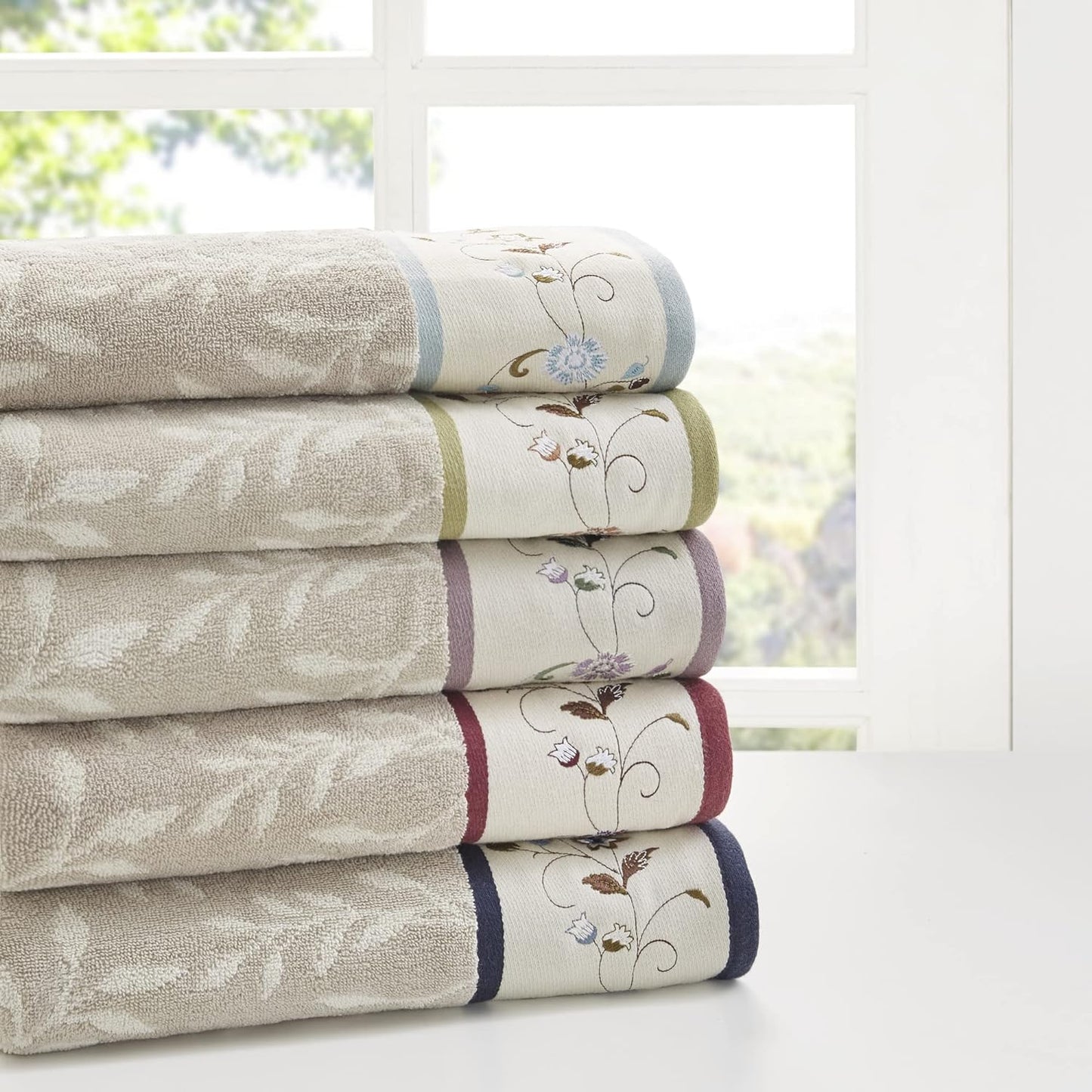 Serene Floral Embroidered 100% Cotton Jacquard Ultra Soft Absorbent Bathroom Towel Set Shower Hand Face Washcloths, See Below, Blue